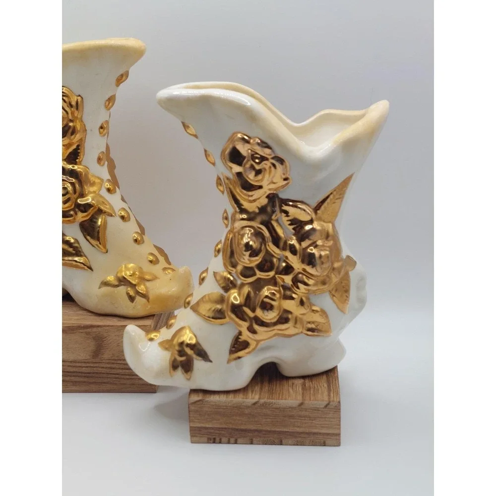 Vintage White Gold Ceramic Boot Planter Pair Rose Floral Shabby Chic Victorian